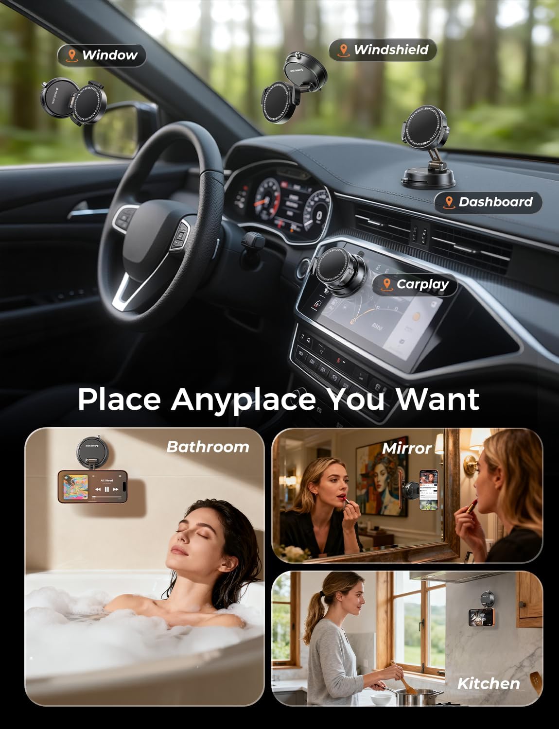 MAGIC JOHN for MagSafe Car Mount [20 N55 Magnets & Clip Arm] 360° Adjustable Magnetic Phone Holder for Car Phone Holder Mount Holders Cell Phone Holders for Your Car Accessories for iPhone 17 Promax
