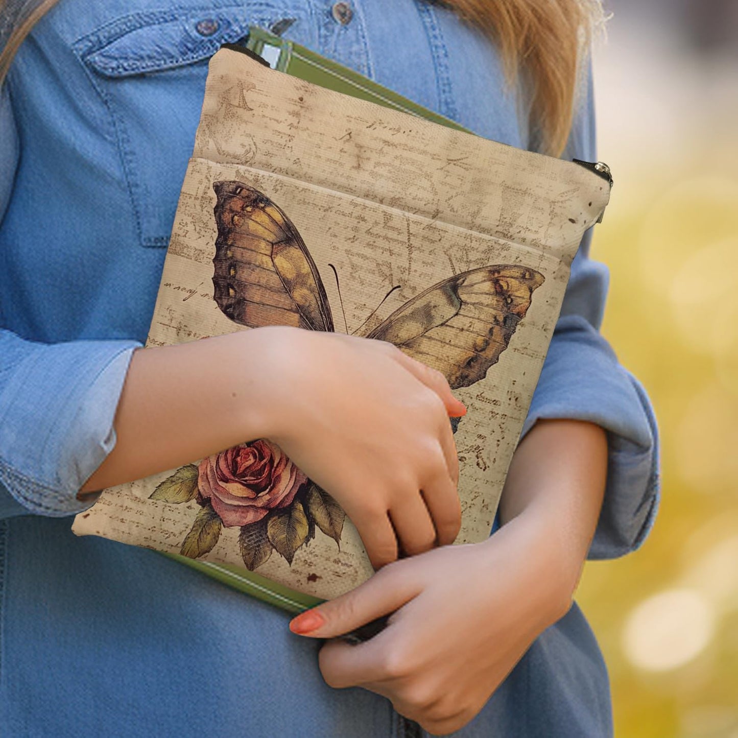 Vintage Butterfly Flower Book Cover, Book Sleeve with Zipper & Front Pocket, Reusable Book Pouch, Butterfly Floral Linen Prints Book Sleeve for Book Lovers, Bookish Gifts (Beige-Butterfly 3, Large)