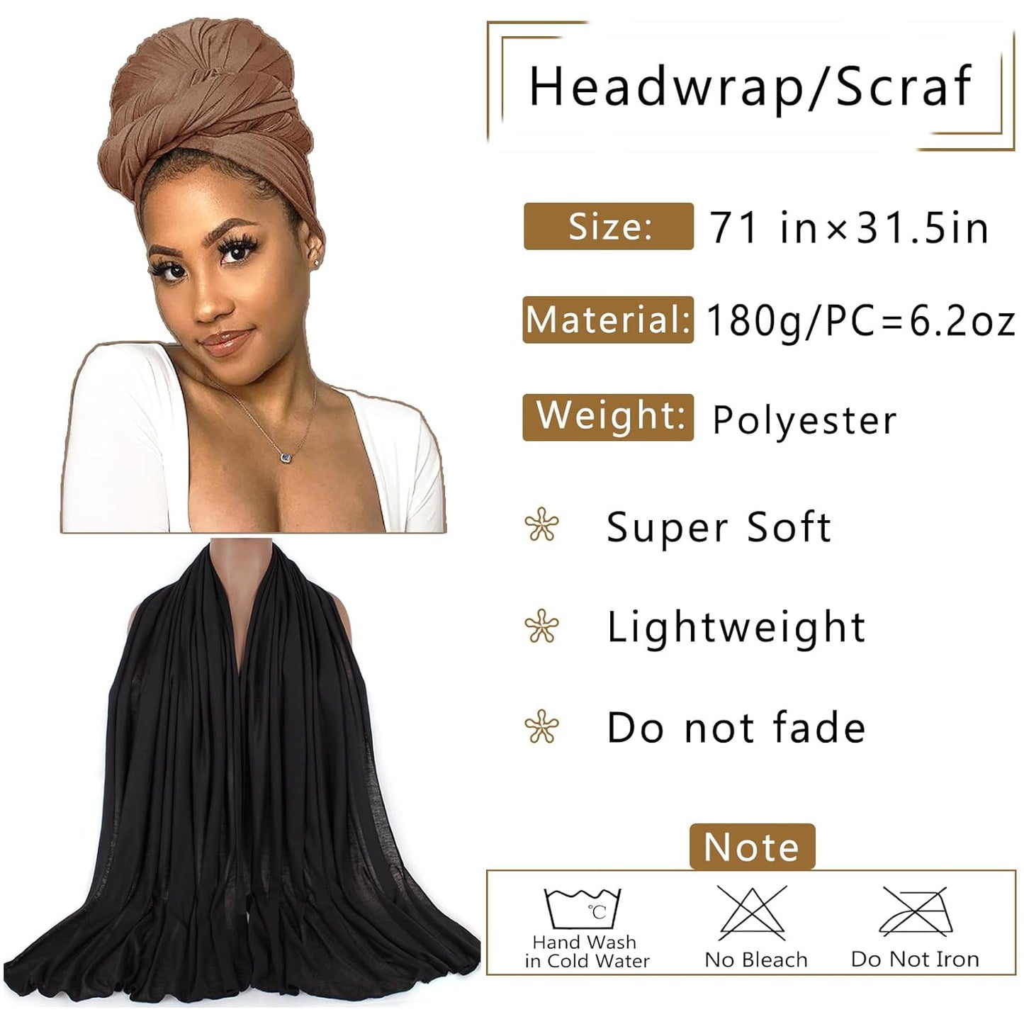 COOKOO 2 Piece Solid Color Stretch Jersey Head Wrap Long Scarf Long African Hair Wraps Stretch Hijab Extra Fashion Head Scarf Soft Head Wraps for Women(Black+Camel)