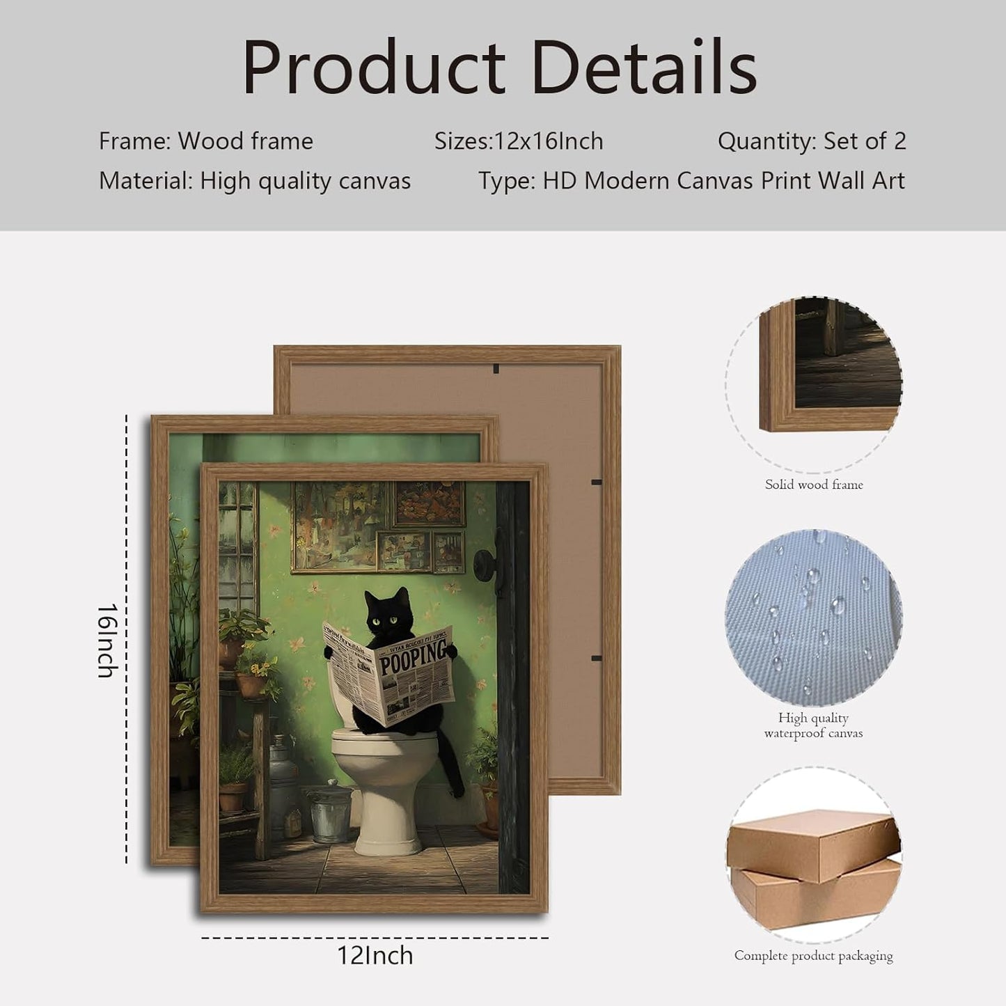 Framed 2Pcs Funny Green Bathroom Wall Art Cute Black Cat Painting Vintage Humor Ainimal Picture Prints Wall Decor with Wood Frame for Bathroom Ready to Hang 16x24 Inches
