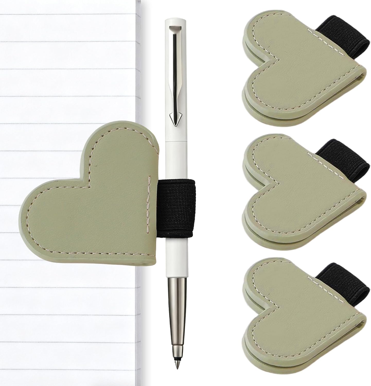 Leather Magnetic Bookmark Pen Loop Holder, Heart Style Pencil Holder Clip for Notebooks, Journals, Calendars, PU Leather Green 3 Pack