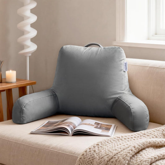 Reading Pillow with Adjustable Memory Foam,Adult Backrest with Arms, Back Pillow for Sitting in Bed with Washable Cover- Large, Gray