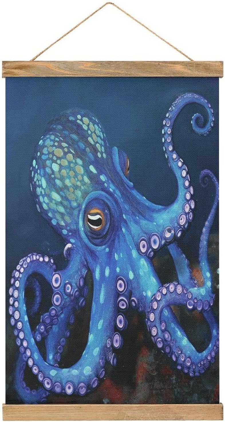 Vintage Blue Octopus Poster with Wooden Frame Personalized Linen Hanging Scroll Painting Rustic Wall Hanging Illustrative Modern Artwork Decor for Home Living Room Bedroom Office