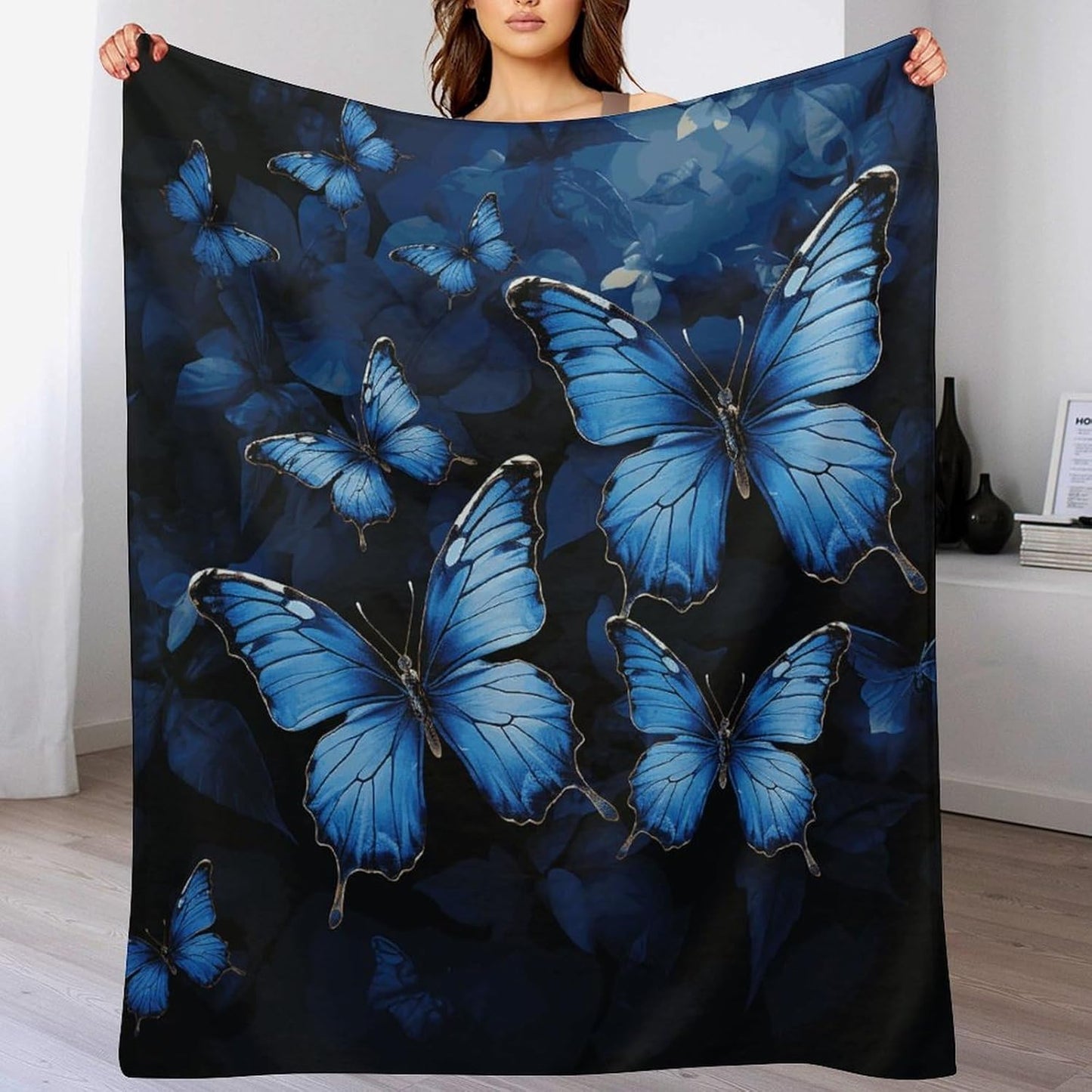 Dark Blue Butterflies Throw Blanket for Couch Super Soft Warm Lightweight Throw Blankets Cozy Flannel Bed Blanket Cute Decorative Blankets for All Seasons Home Decor Gift 30"*40"（76 * 100cm）