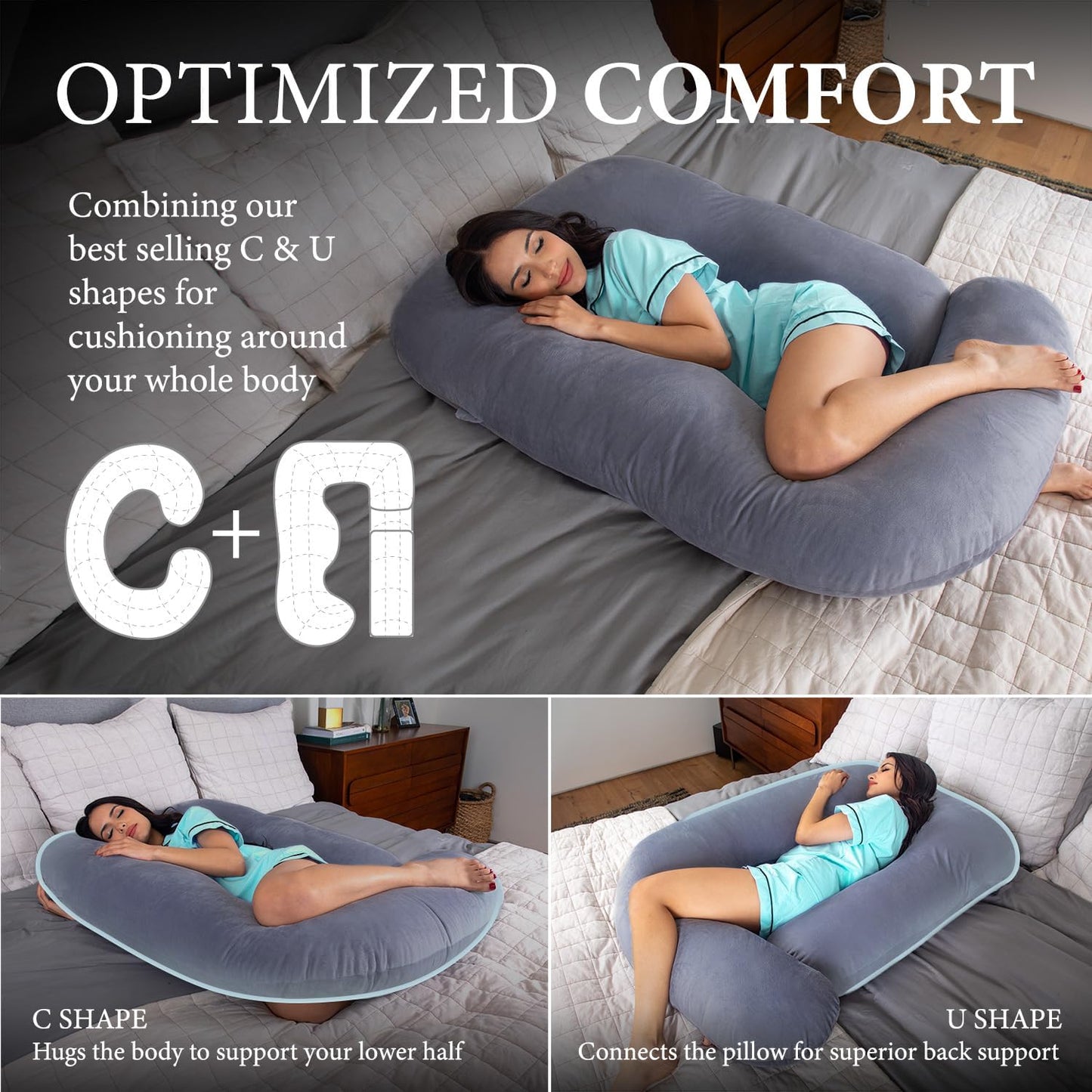 Pharmedoc Pregnancy Pillows, U-Shape Full Body Pillow -Removable Cover Jumbo Size - Gray - Pregnancy Pillows for Sleeping - Body Pillows for Adults, Maternity Pillow and Pregnancy Must Haves