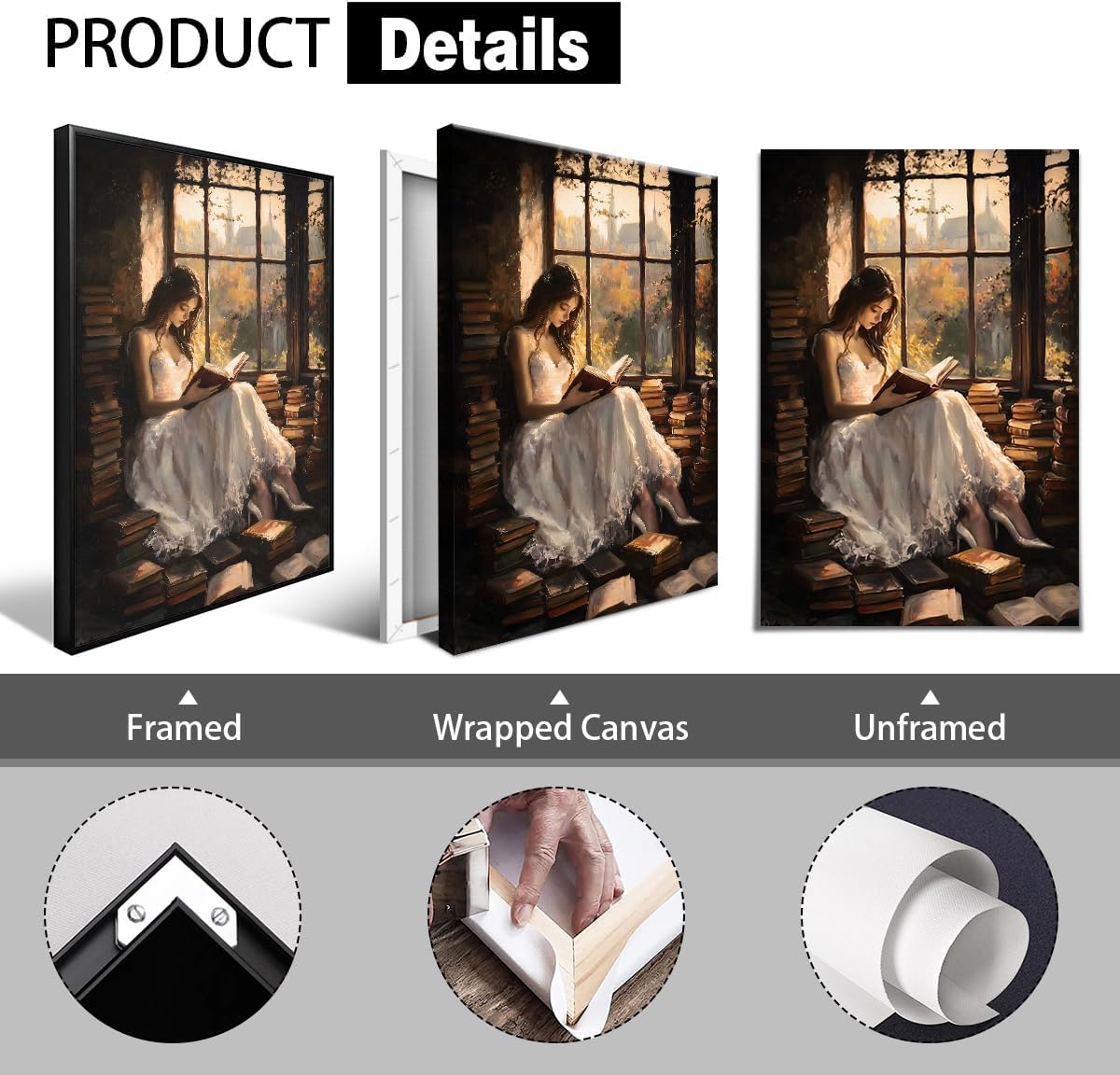 YOZWNGU Victorian Woman Reading Canvas Wall Art, Dark Academia Library Book Nook Poster, Moody Bookish Art Print, Vintage Classic Girl Read In Window Painting Gift for Book Lover 8x12in Unframed