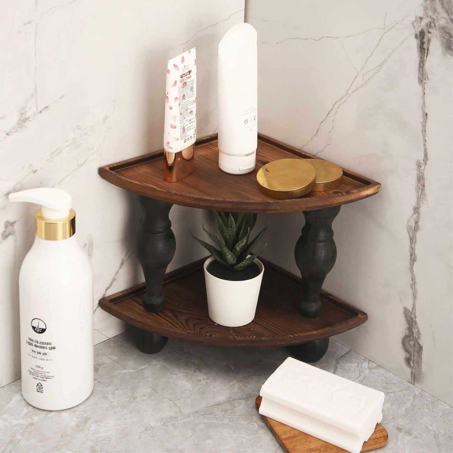 GoFika Small Corner Shelf Stand, 2 Tier Wooden Shelving Unit Black Riser, Vintage Corner Countertop Pedestal Stand Stackable Rack