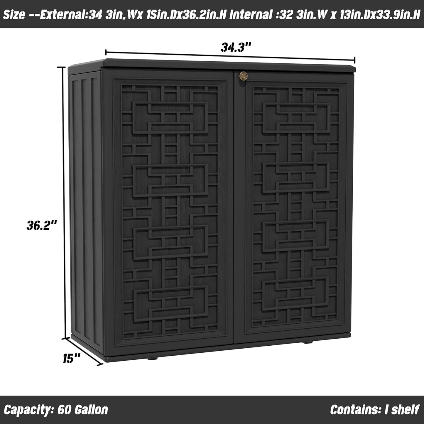 Outdoor Storage Cabinet Waterproof with Shelf,Resin Storage Sheds Outdoor Cabinets for tub Towels/Chemicals/Grill Items/Patio/Garden/Backyard, Size 34.3''L*15''W*36.2''H（Black）