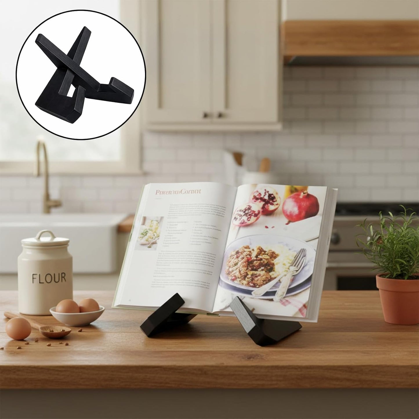 Wooden Cookbook Stand for Kitchen, Rustic Black Counter Cookbook Holder Book Stands Display for Recipe, Photo, Plate, Tablet PC (Black)