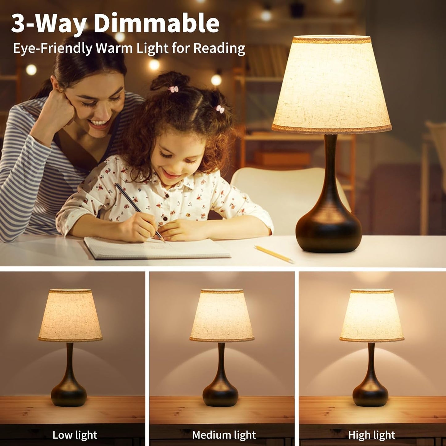 ONEWISH Touch Bedside Lamp for Bedroom, 3-Way Dimmable Farmhouse Table Lamps for Nightstand with Fabric Shade, Desk Lamp for Kids Reading, Home Office