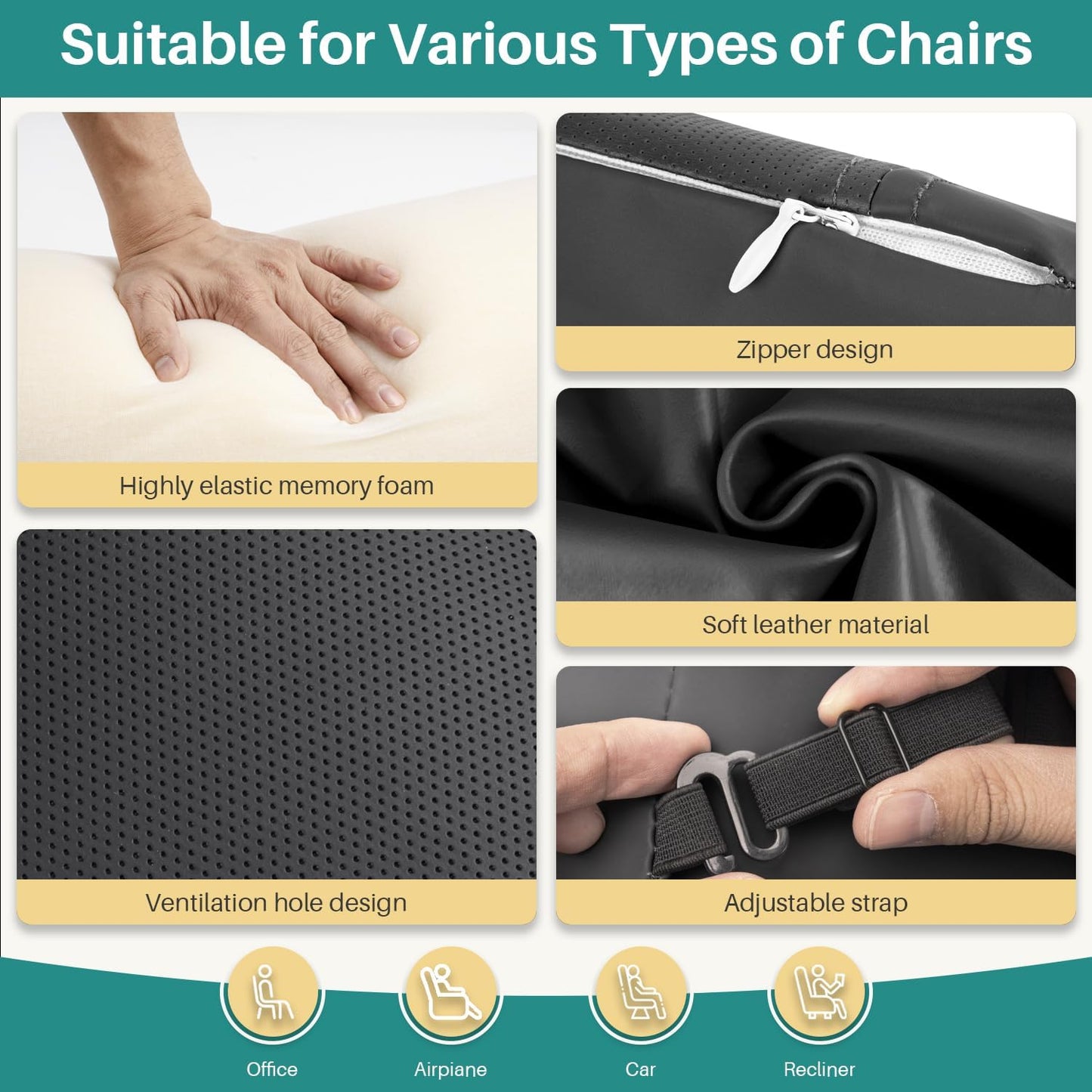 Neck Pillow for Recliner, Non-Slip Recliner Headrest Pillow with Adjustable Strap, Leather Neck Support Chair Headrest Cushion for Office, Couch, Car, Travel, Airplane, Pain Relief(Dark Gray)