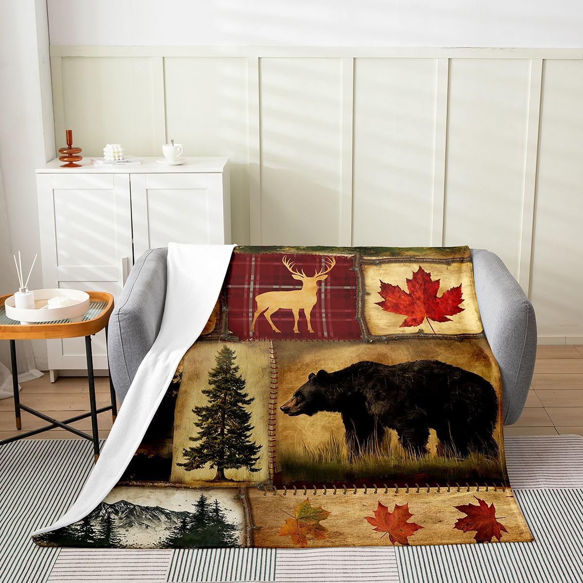 Rustic Farmhouse Queen, Retro Cabin Lodge Fuzzy Blanket, Hunting Bear Deer Fleece, Country Maple Leaves Plush, Rustic Woodland Pine Tree Flannel Soft Cozy, Red Brown