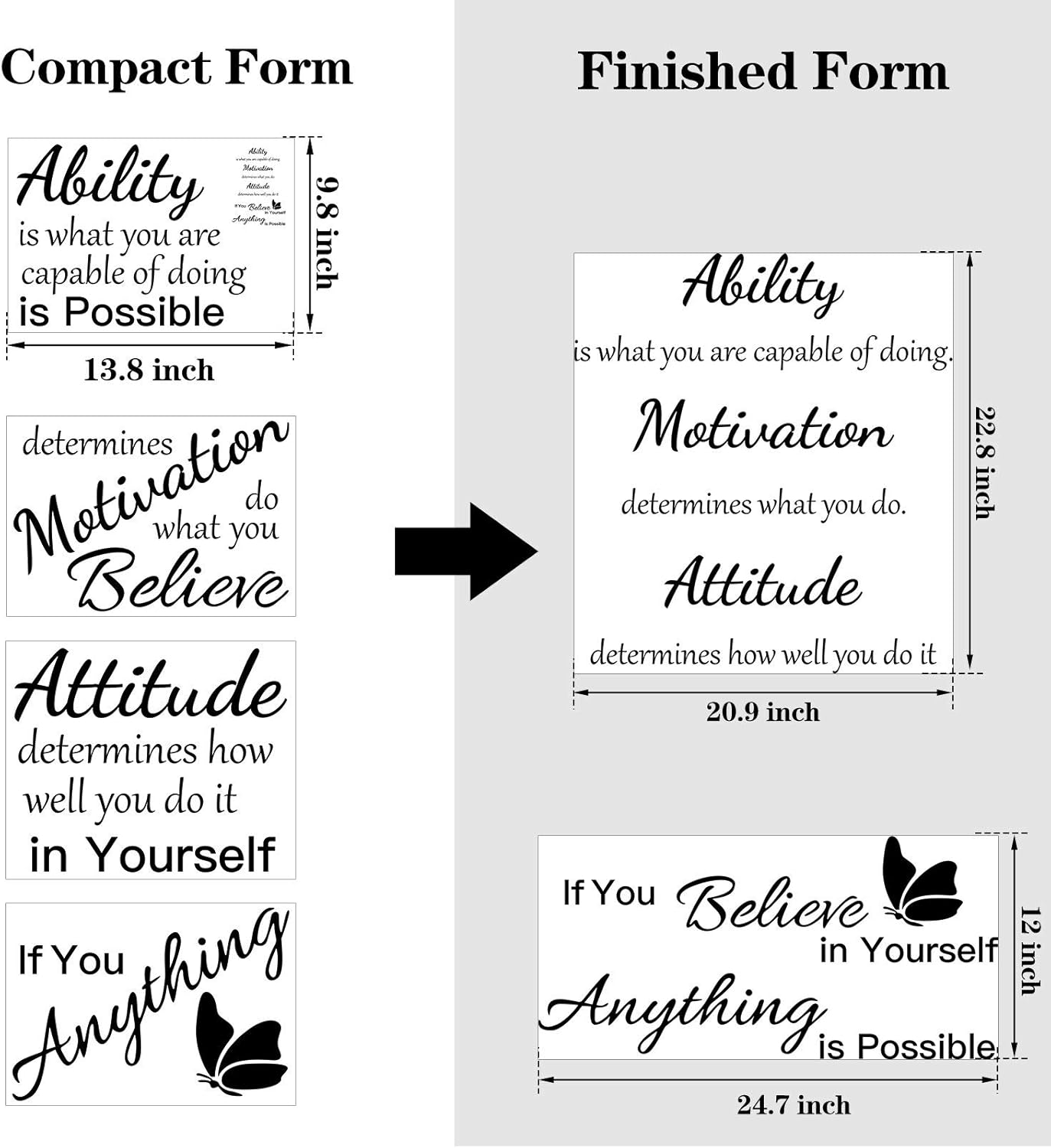 2 Sheets Vinyl Wall Quotes Stickers Ability Motivation Attitude Believe in Yourself Inspirational Saying Home Decals Quote Home Decor for Office School Classroom Teen Dorm Room Wall Decal (Black)
