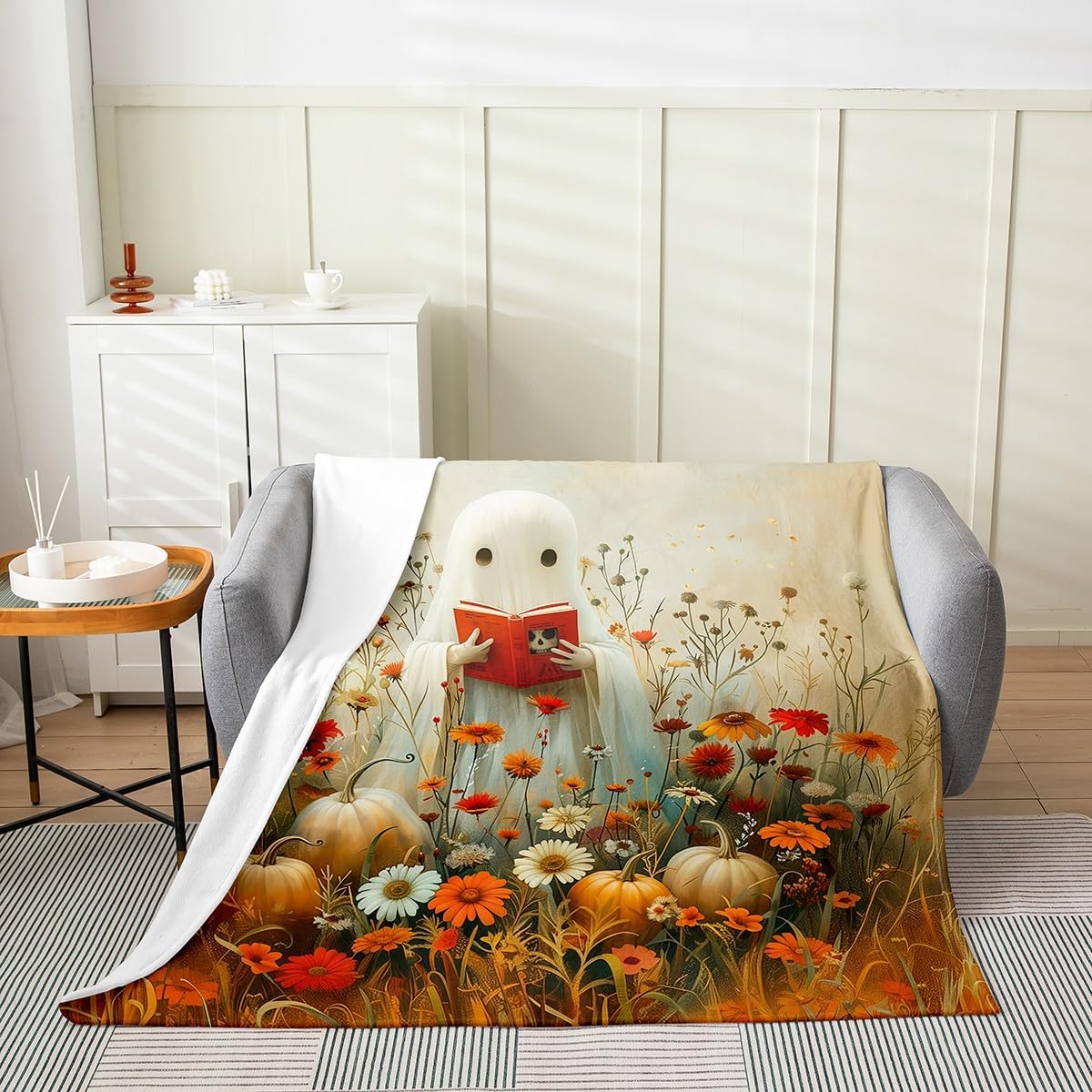 Manfei Reading Ghost Flannel Blanket Autumn Pumpkins Flower Throw Blanket Cute Halloween Theme Cozy Throws for Bed Couch Sofa,Kids Boys Girls Room Decor,Soft and Breathable(50 x 60 Inches)