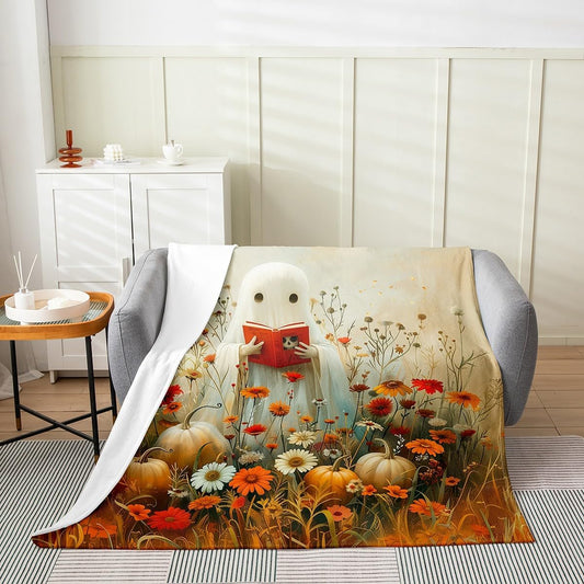 Manfei Reading Ghost Flannel Blanket Autumn Pumpkins Flower Throw Blanket Cute Halloween Theme Cozy Throws for Bed Couch Sofa,Kids Boys Girls Room Decor,Soft and Breathable(50 x 60 Inches)