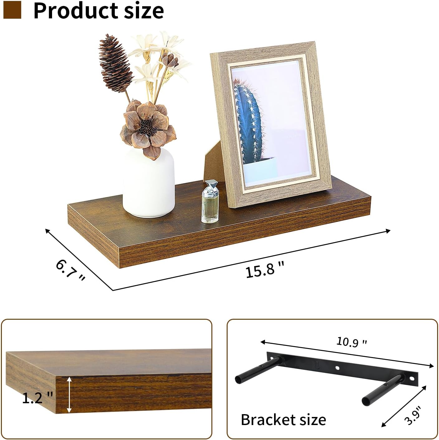 Floating Shelves for Wall, Wall Mounted Rustic Wood Shelves for Bathroom, Bedroom, Living Room, Kitchen, Hanging Shelf for Books/Storage/Room (Brown Wood Grain, 15.8")