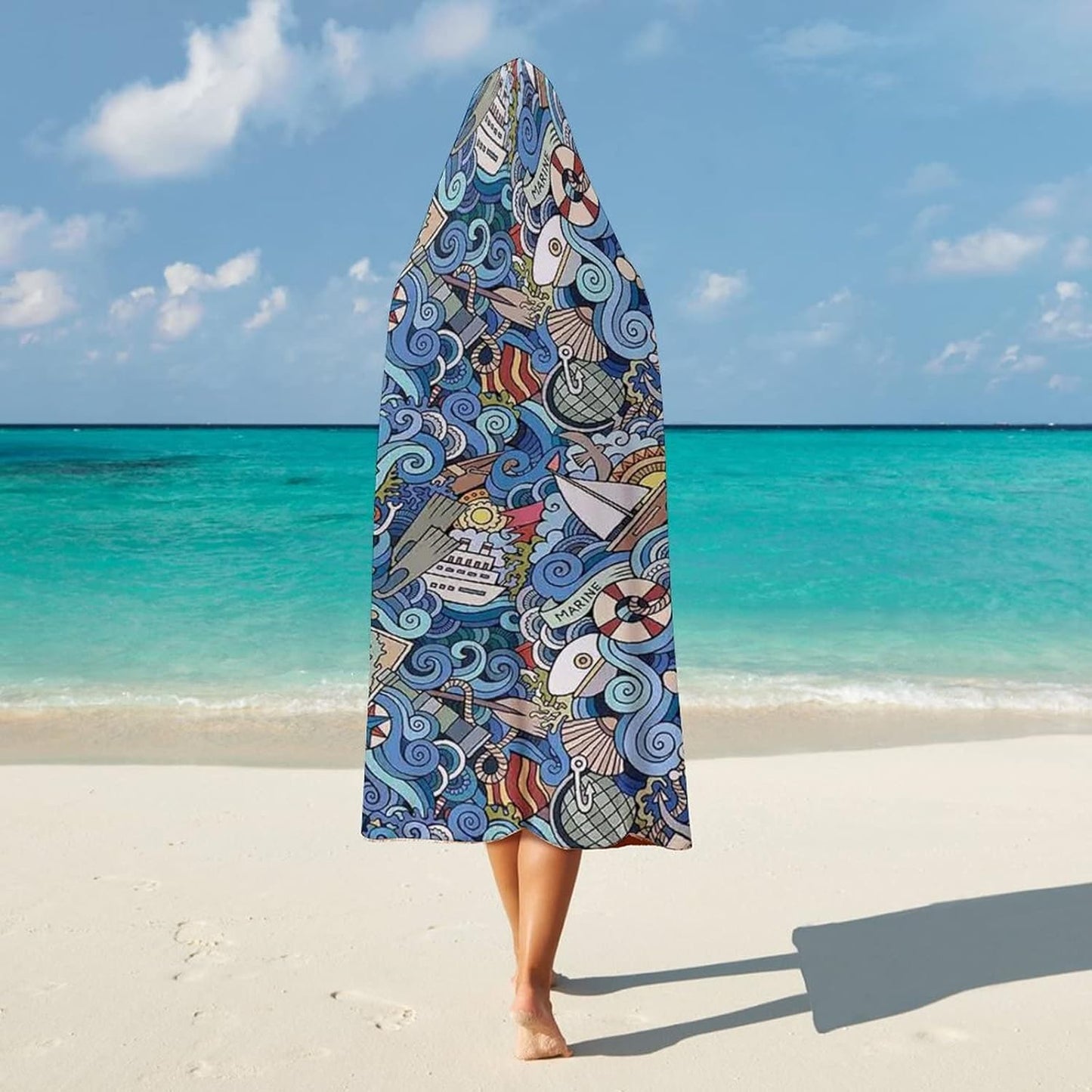 Throw Blankets, Nautical Decor Women Men Hooded Blanket, Abstract Pattern Sea Shells Sea Horse, Soft Warm Cozy, 50 x 60inches, Studying Reading Snuggling Napping Office, Multicolor