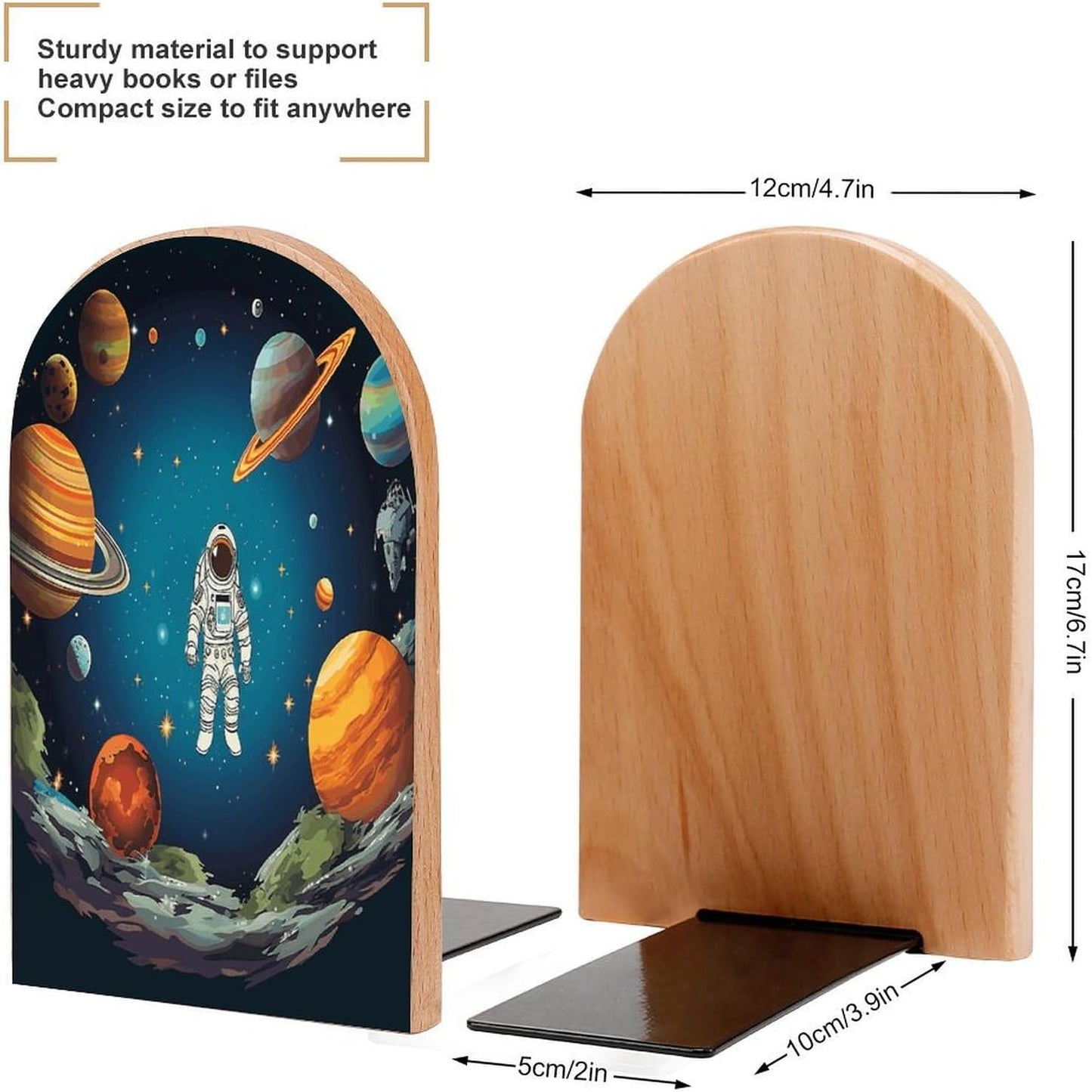 Outer Space Rocket Astronaut Bookend for Shelves Wooden Book End Large Size Sturdy Book Holders Stoppers with Metal Base for Bookshelves Slick Decorative Bookends Stands