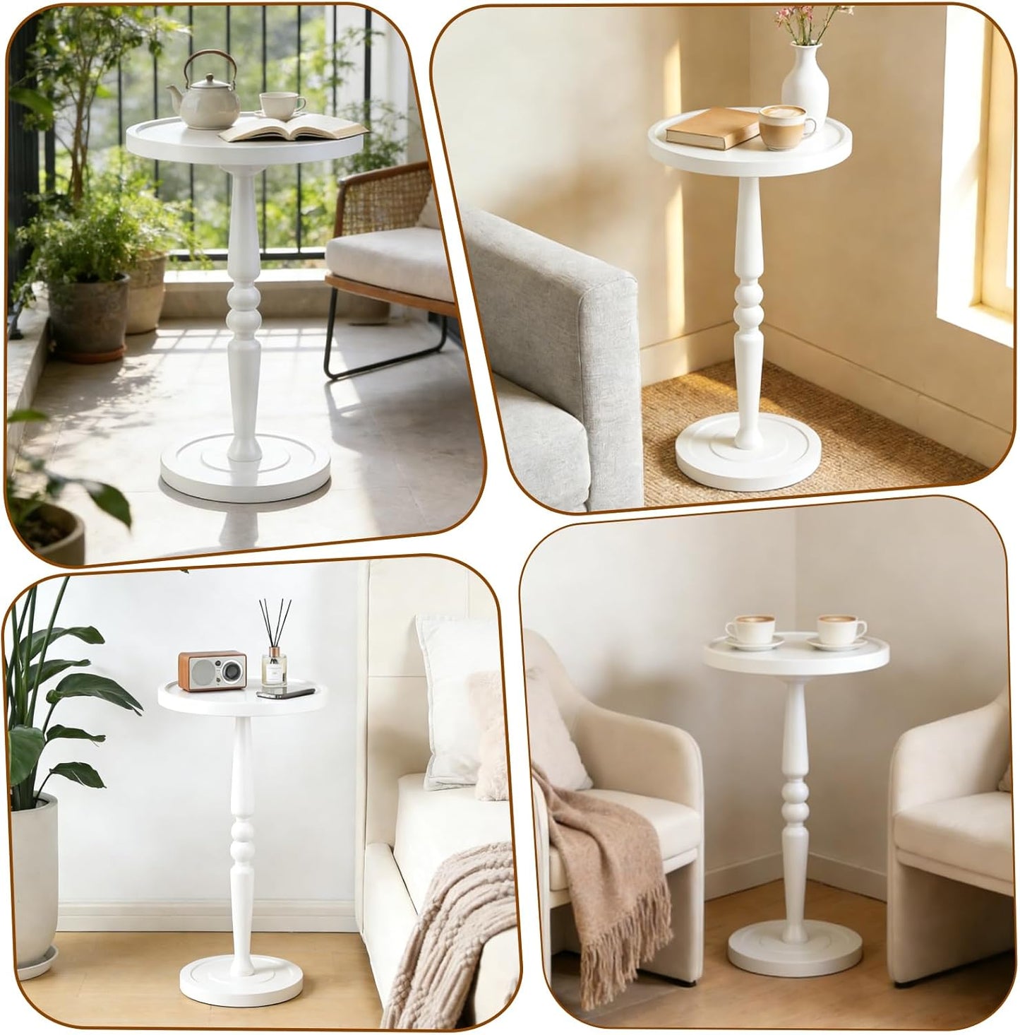 Small Side Table for Small Spaces, Modern Round End Table with Natural Solid Wooden Top, Pedestal and Leg, White Accent Drink Tables for Livingroom, Bedroom, Sofa, Corner, Coffee, Office, Couch