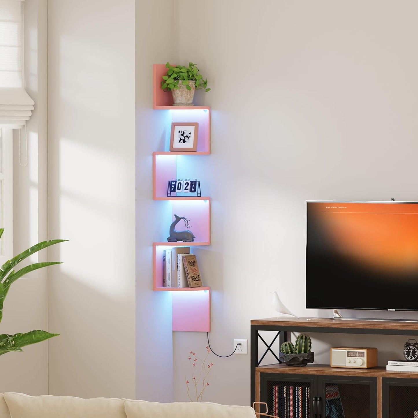 Corner Shelf Wall Mount with LED Light, 5 Tier Floating Corner Bookshelf, Plant Shelf for Bedroom, Floating Shelves for Wall, Display Stand for Living Room, Bathroom, Home Office, Pink
