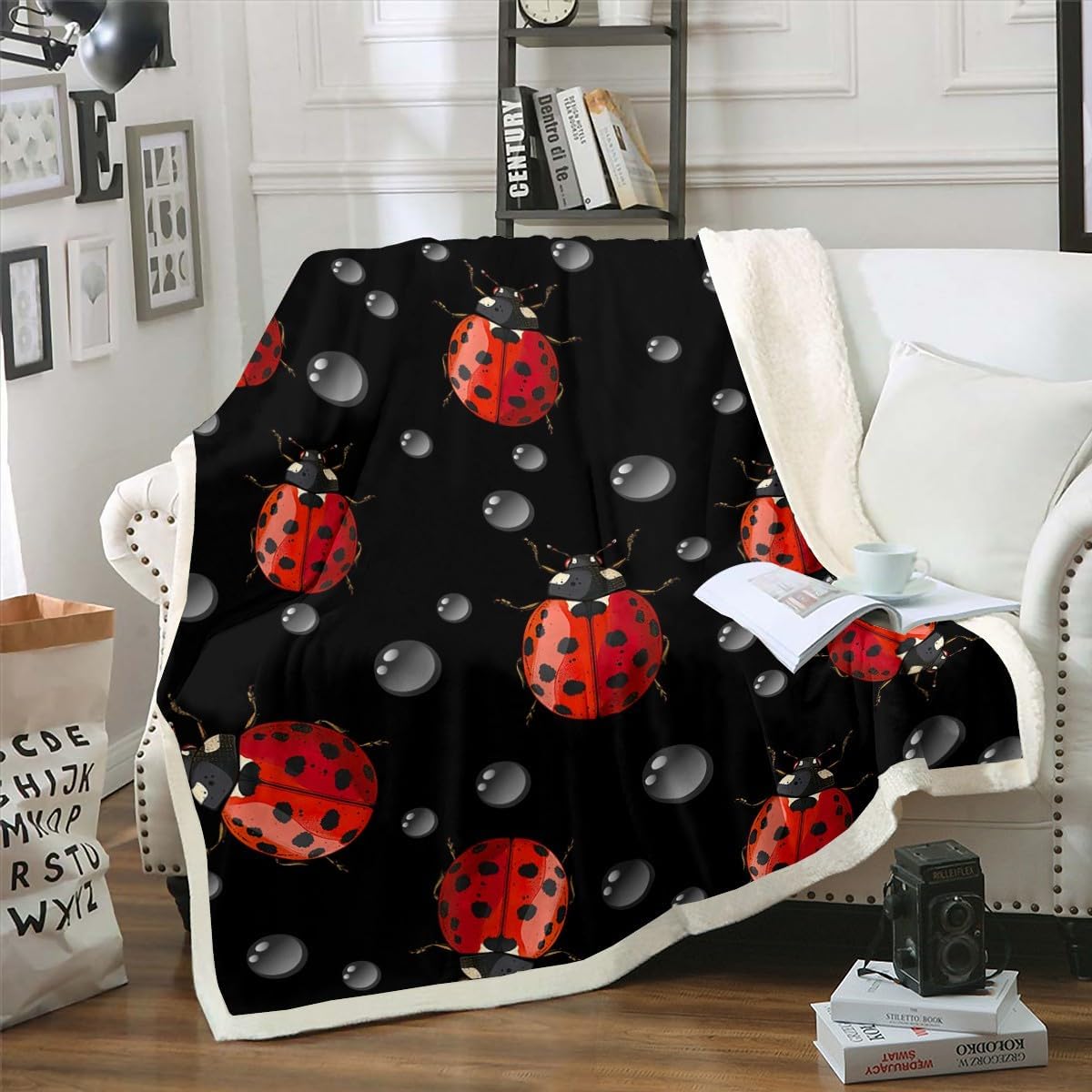 Erosebridal Ladybug Throw Blanket 50"x60" Red Ladybugs Bed Blanket for Kids Child,Cute Ladybird Fleece Blanket Beetles Bugs Pattern Blanket Lady Beetle Raindrop Black Background Room Decor
