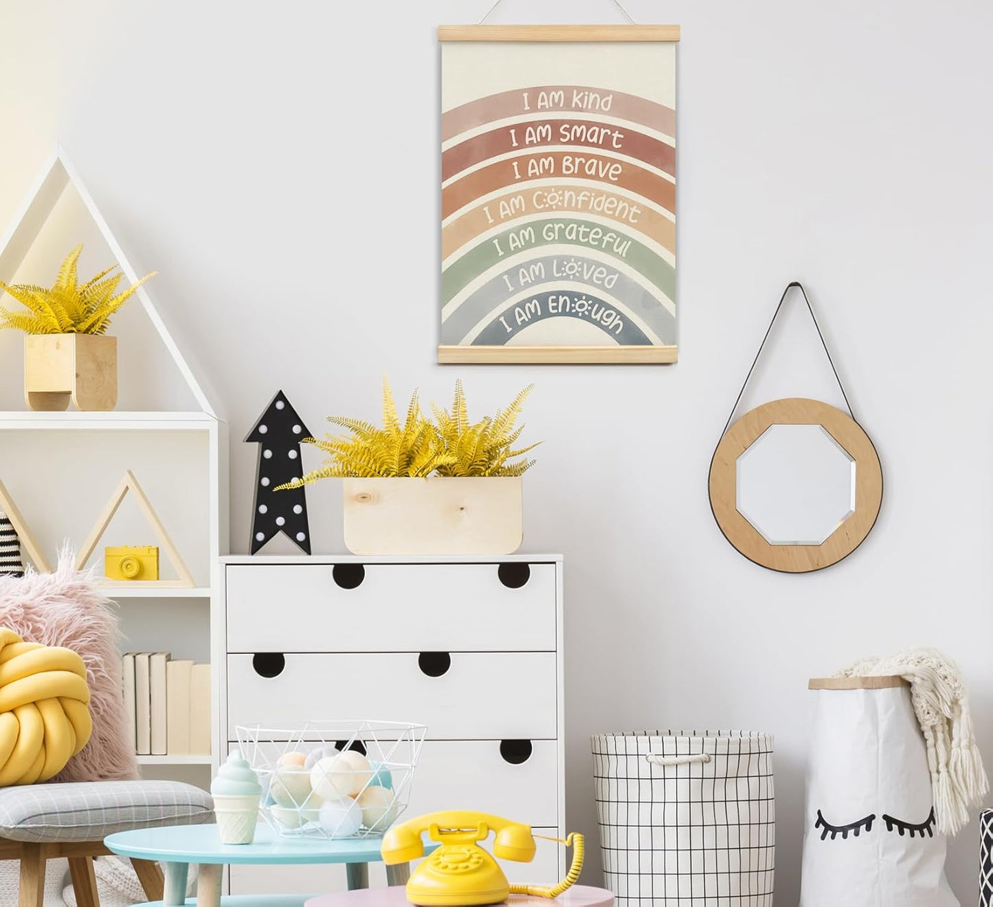 foedor Nursery Kids Room Bedroom Wall Art Decor Boho Cute Positive Affirmations Wall Decor for Toddler Baby Girls Room Classroom Calming Corner Playroom Bathroom Wooden Poster Frames 12x16 Rainbow