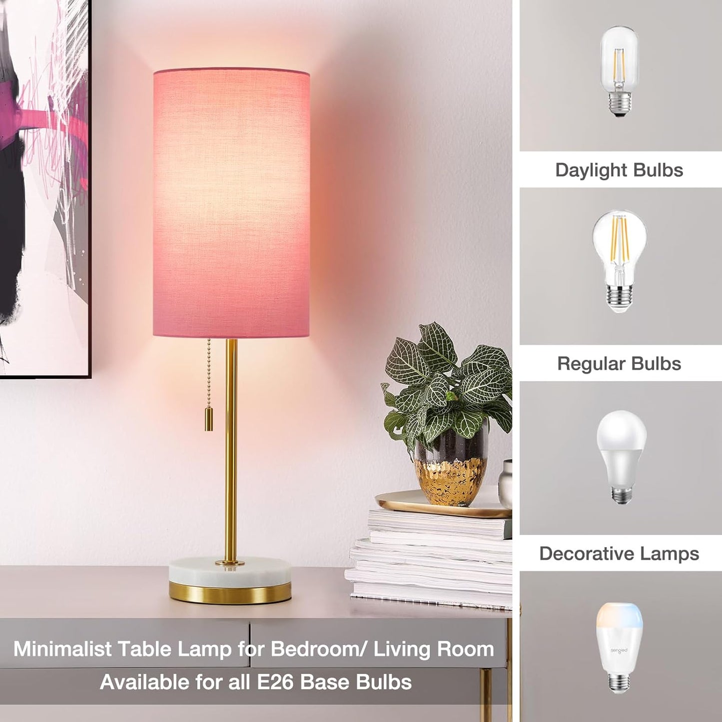 Luvkczc Minimalist Table Lamp Set of 2, Nightstand Lamp for Bedroom Living Room, Modern Pull Chain Bedside Lamp with Marble Base, Fabric Shade, Small Desk Lamp for Home, Office, Reading,Pink