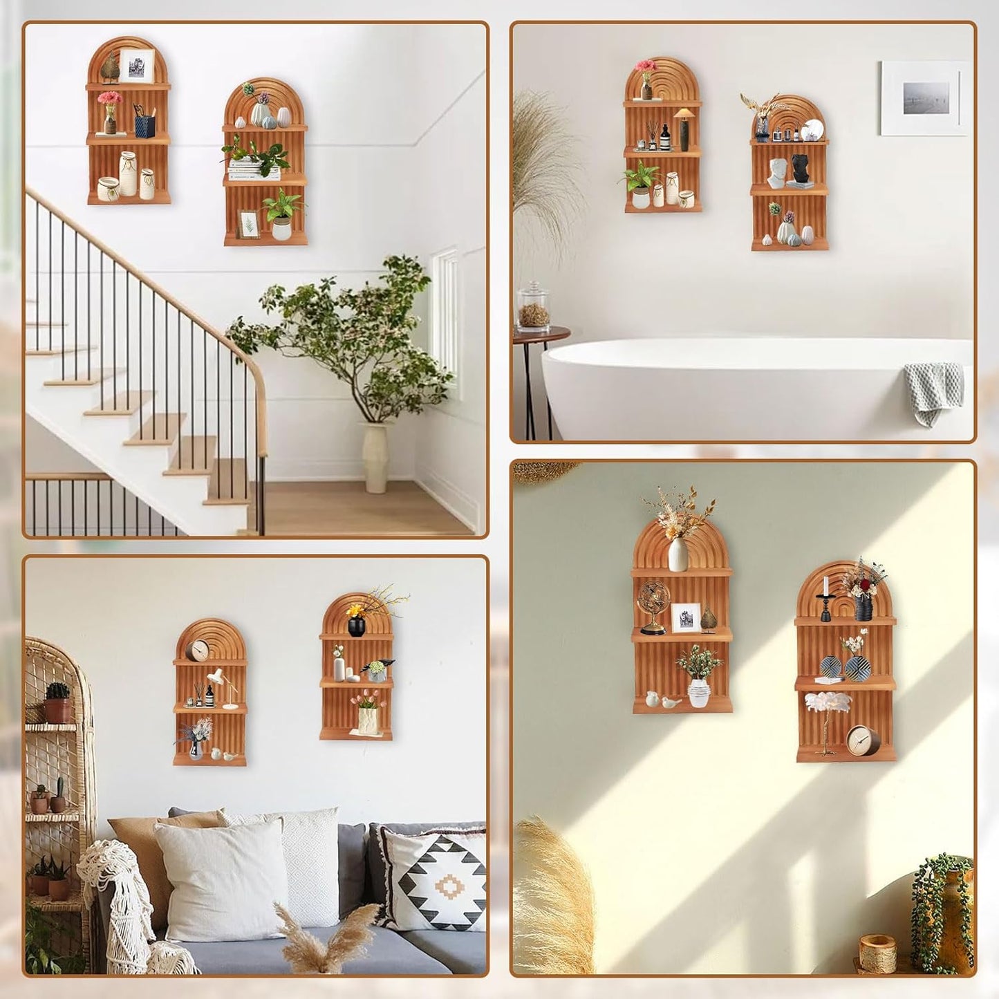 Qivine 2Pcs Boho Shelves for Wall, 3 Tier Rainbow Arch Wooden Floating Shleves, Boho Mid Century Shelf with Arched Wood Design Wall Mounted for Living Room, Bedroom, Bathroom Decor (Brown, 3-Tier)