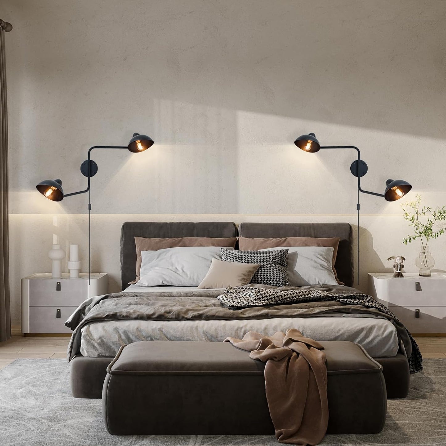 Adjustable Black Swing Arm Wall Sconce, 2-Light Plug in Wall Lamps with ON/Off, Rotatable Metal Dome Shades Wall Mount Lighting Fixture for Living Room Bedroom Study