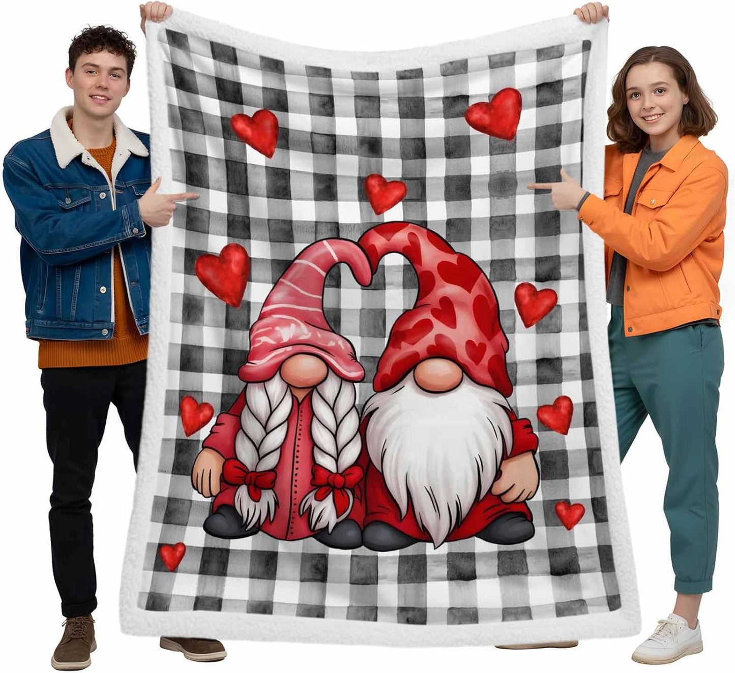 Valentines Throw Blanket Gnome Lover Sherpa Fleece Throws Blanket for Couch Sofa Bed Red Heart Black Check Plaid Blankets Fuzzy Cozy Soft Plush Thick Warm Blankets for Valentines Day Decor, 40x50 Inch