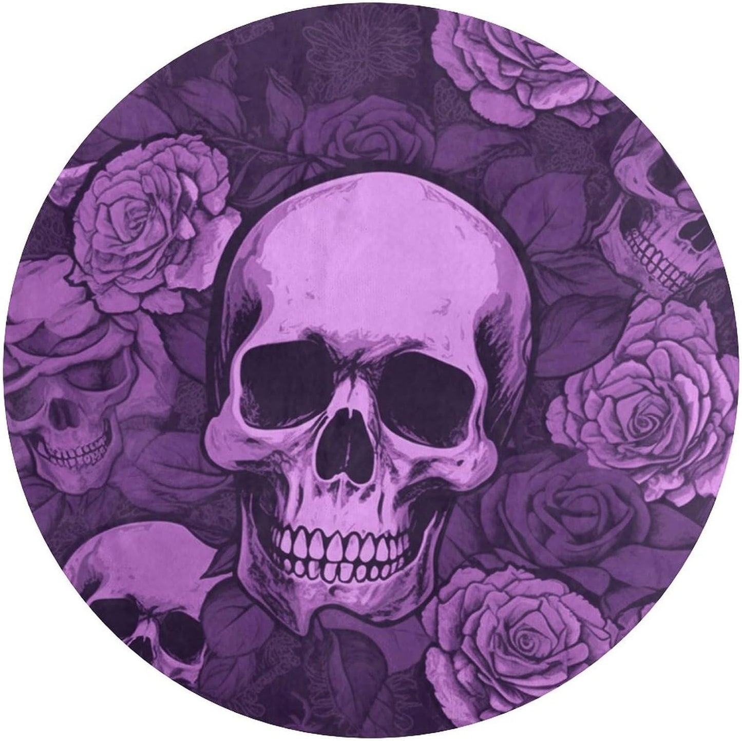 Purple Skulls and Roses Circle Rug Retro Luxury Coral Velvet Floor Mat Non Slip Soft Indoor Floor Carpet Comfy Thickened Area Rugs Modern Aesthetic Minimalist Carpets for Home Decor