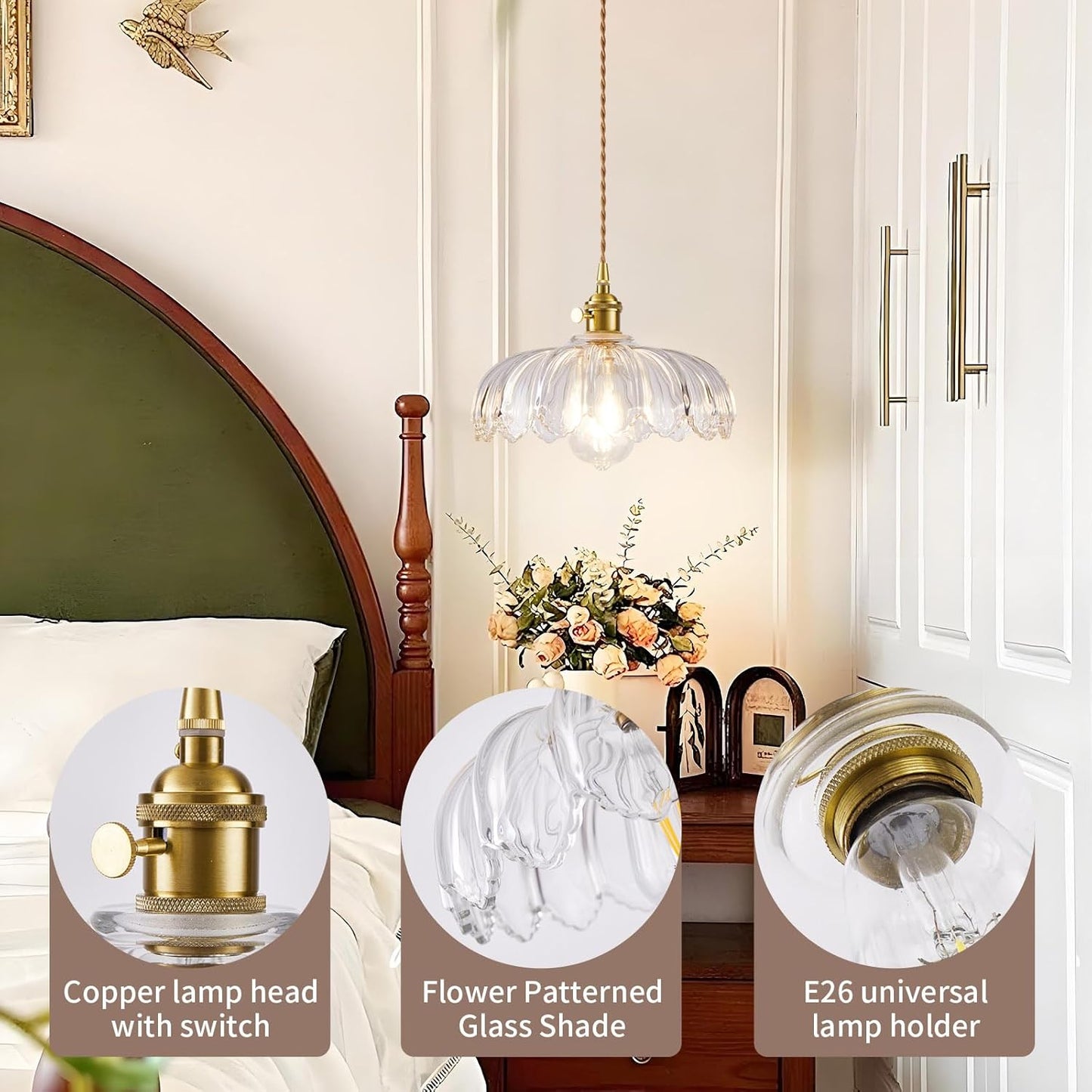 Plug in Pendant Light, Hanging Lights with Plug in Cord, Hanging Light Fixture with Green Glass, E26 Pendant Lighting for Kitchen Island, Bedroom, Dining Room-Clear