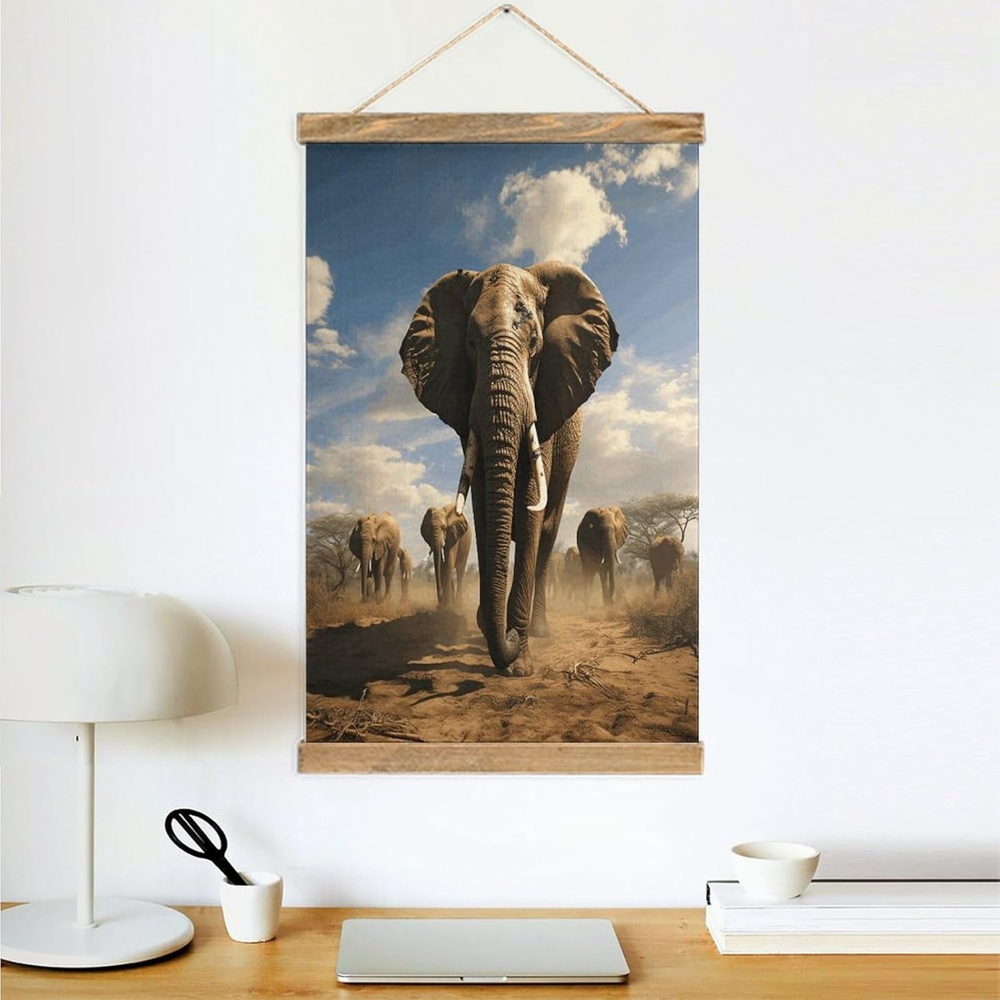 Vintage Ferocious Elephant Poster with Wooden Frame Personalized Linen Hanging Scroll Painting Rustic Wall Hanging Illustrative Modern Artwork Decor for Home Living Room Bedroom Office
