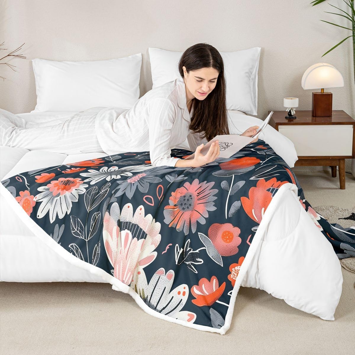 Feelyou Vintage Sherpa Throw Blanket for Couch Boho Neutral Super Soft Cozy Fleece Flowers Blanket for Winter, Plush Throw Throw 50"x60" All Season