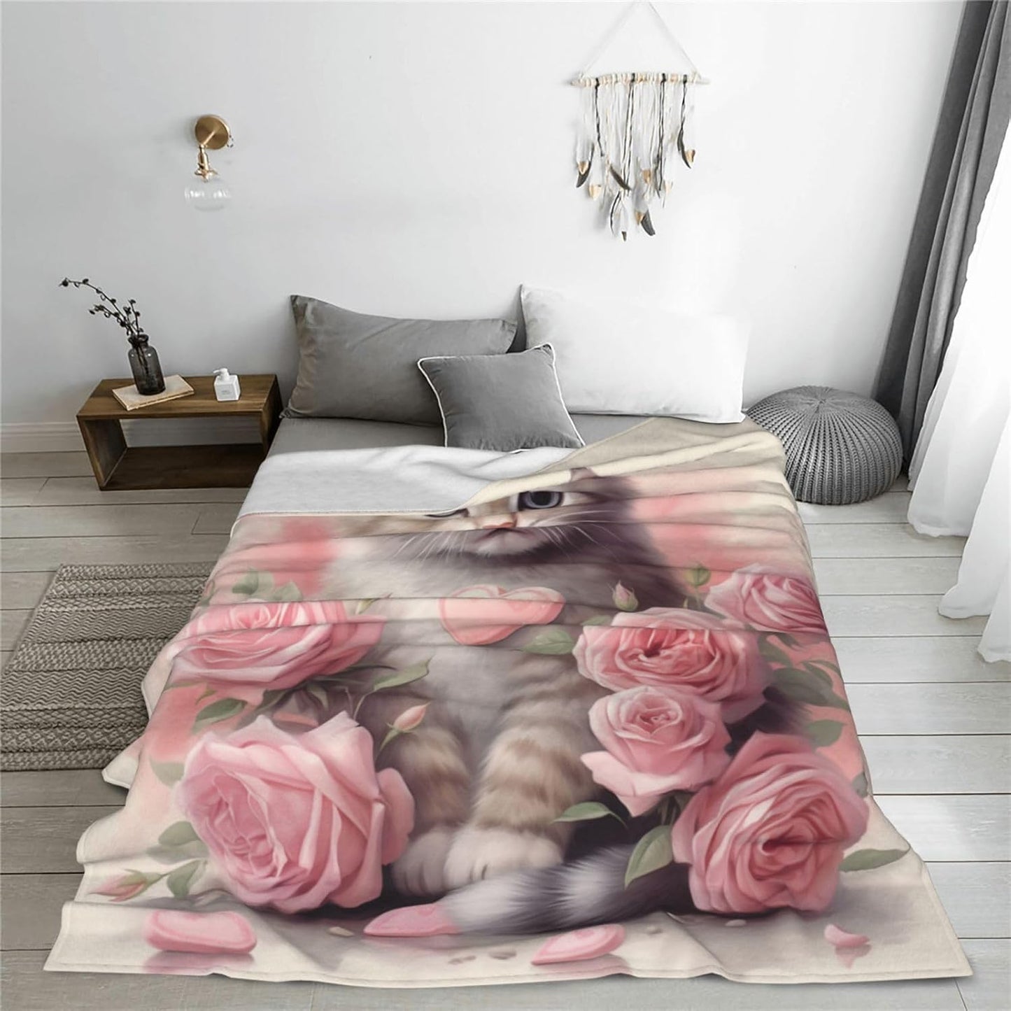 Cute Cat Blanket Pink Rose Flowers Kitty Blankets for Mom Girls Women Cat Gifts Flannel Soft Warm Cozy Fuzzy Throw Blankets for Bed Sofa Decor Valentine Day Gifts 50"x60"