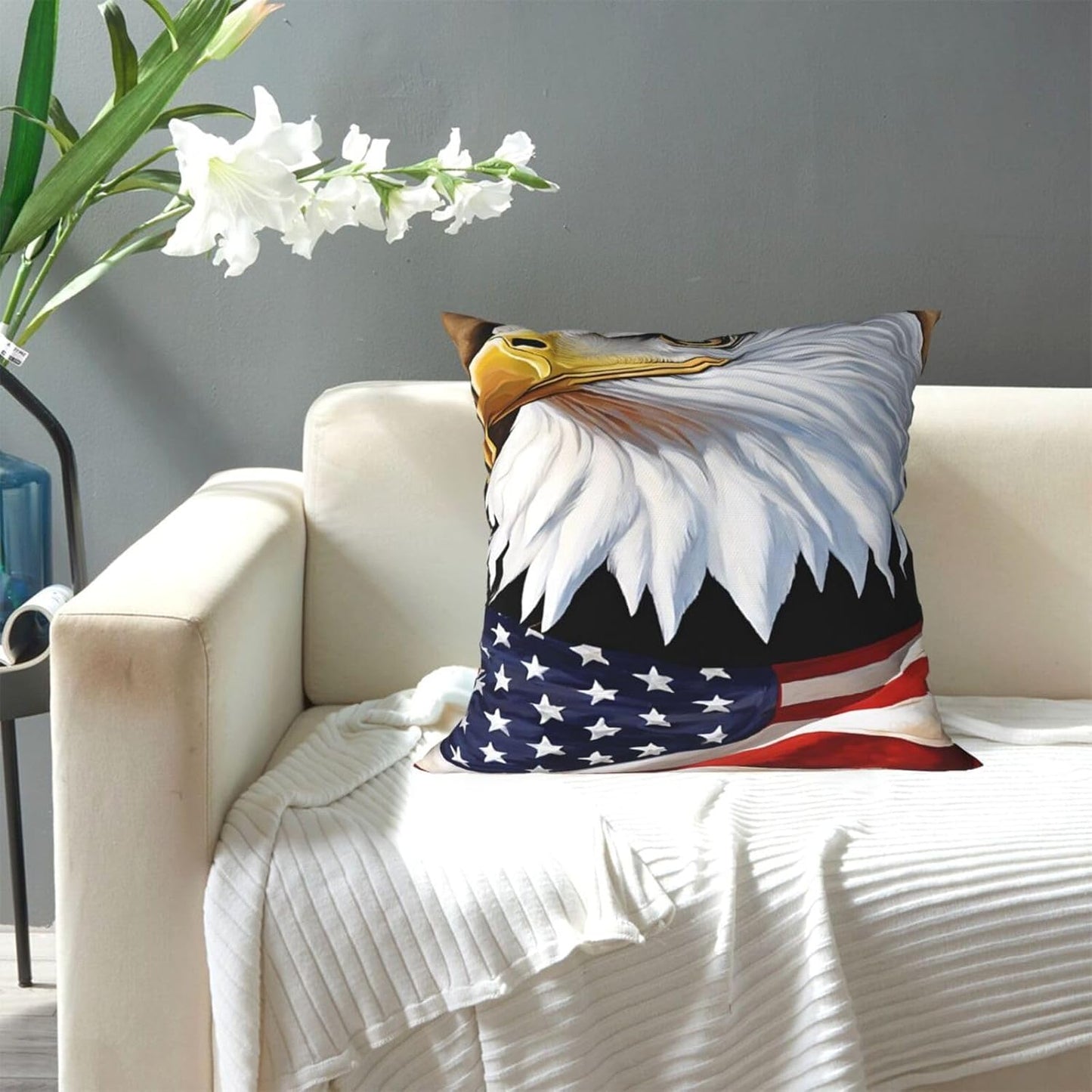 All-Season Square Pillow Covers 18"X18", Patriotic Bald Eagle Flag, Decorative Throw Pillow Covers For Sofa Bed Couch, Hidden Zipper Cushion Cover, Square Lumbar & Accent Pillowcases For Home Decor