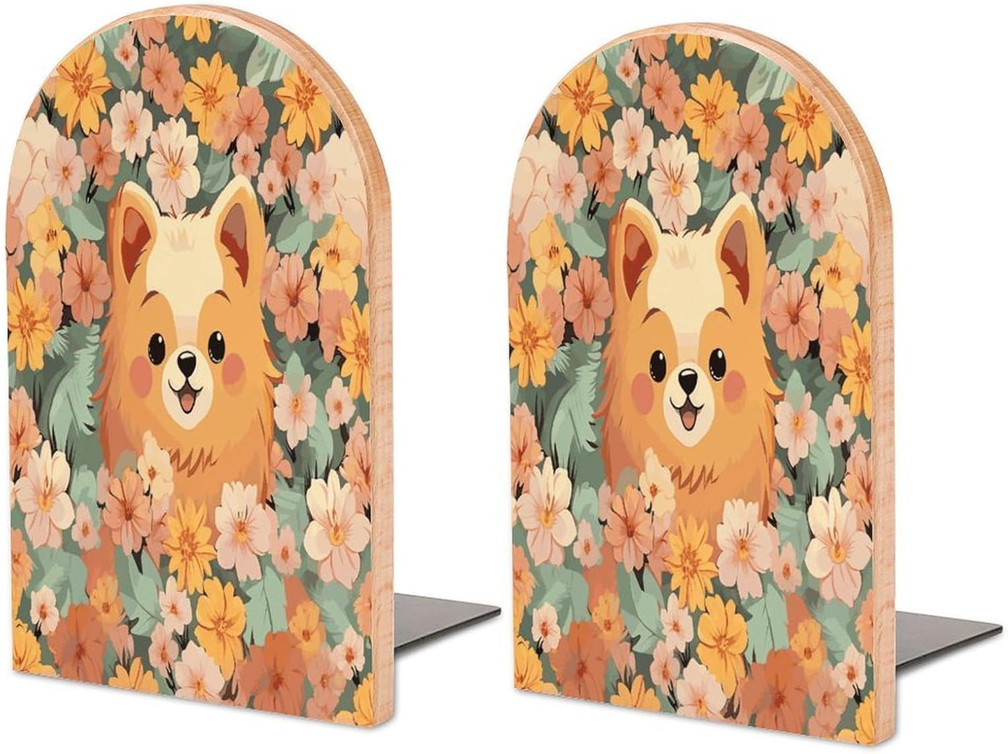 Pomeranians Cartoon Flowers Bookend for Shelves Wooden Book End Large Size Sturdy Book Holders Stoppers with Metal Base for Bookshelves Slick Decorative Bookends Stands