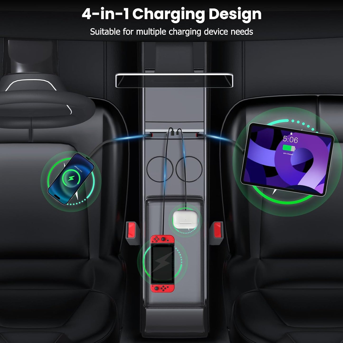 USB Charger Hub Compatible with Tesla Model 3 Highland 2024-2025/Model Y Juniper 2025 2026, 122W 4-Port Retractable Phone Charger Fast Charging Cables for Center Console