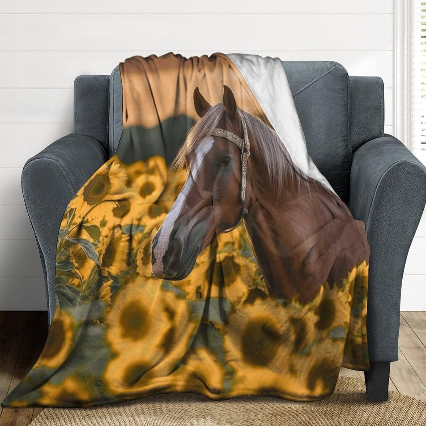Yellow Sunflower Horse Throw Blanket for Couch Super Soft Warm Lightweight Throw Blankets Cozy Flannel Bed Blanket Cute Decorative Blankets for All Seasons Home Decor Gift 30"*40"（76 * 100cm）