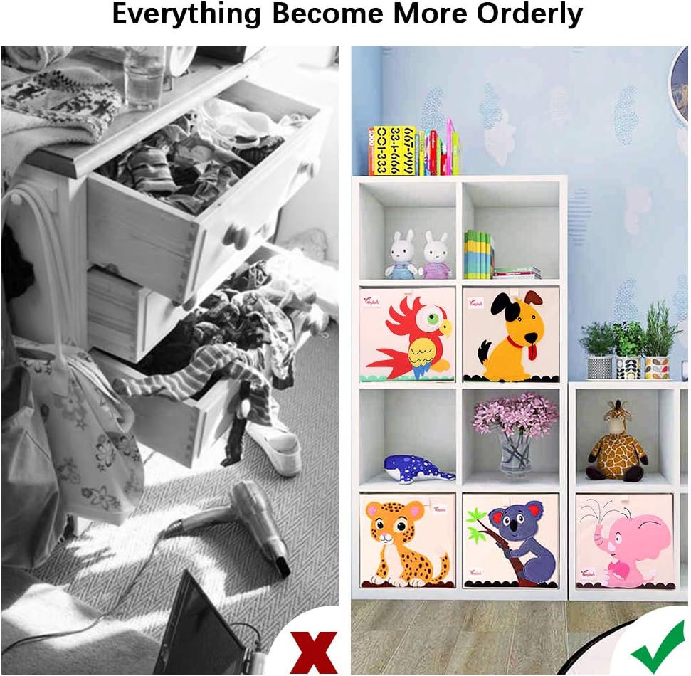 2 Pcs Foldable Animal Toy Storage Box/Bin/Cube, Collapsible Storage Organizer Chest Basket Container for Kids, Toddlers, Boys and Girls(13 x 13 x 13 Inch, Lion & Bee)