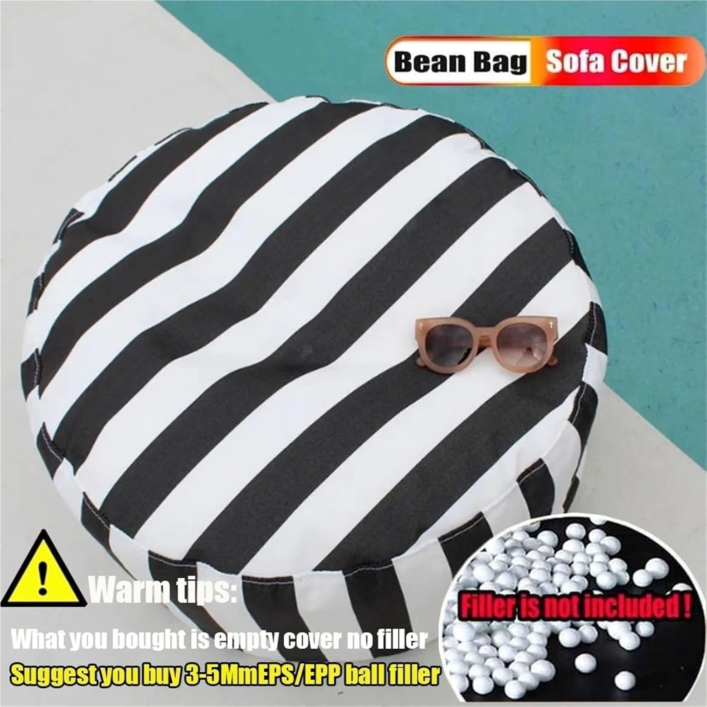 Outdoor Waterproof Round Stripe Pouf Ottoman Cover Footstool Without Filler Beach Garden Beanbag Pouf Puff Salon Floor Seat Futon Stool Bench Swim Pool Ottoman Footrest Stool(Lightgrey)