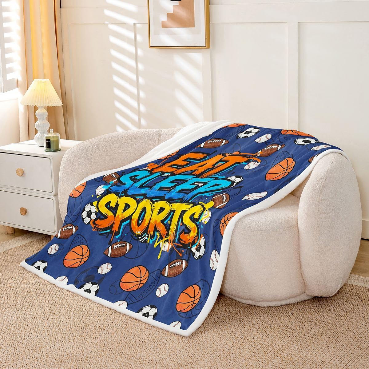Feelyou Sports Throw Blanket Boys Soft Fleece Sherpa Cozy Fuzzy Plush Warm Football Baseball Basketball Soccer Fuzzy Plush Throw Ball Game Throw 50"x60" for Bed Couch Living Room