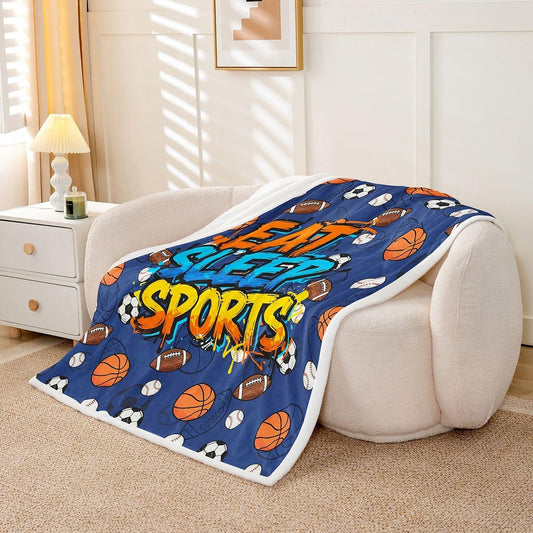 Feelyou Sports Throw Blanket Boys Soft Fleece Sherpa Cozy Fuzzy Plush Warm Football Baseball Basketball Soccer Fuzzy Plush Throw Ball Game Throw 50"x60" for Bed Couch Living Room