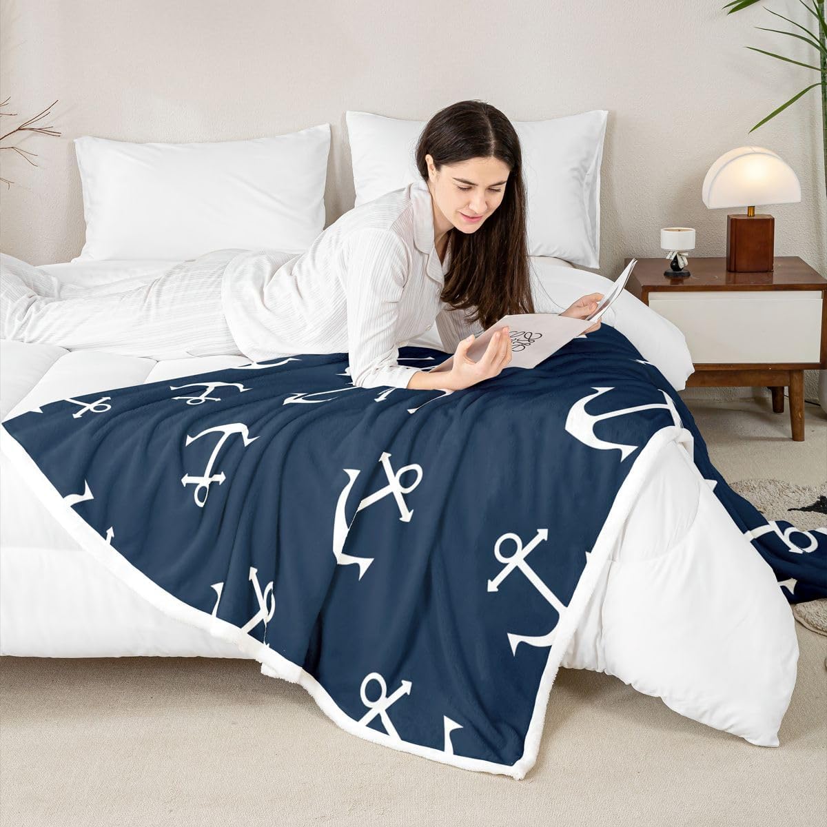 Feelyou Nautical Fuzzy Blanket Anchor Sherpa Throw Blanket Sea Adventure Fleece Throw Blanket Soft Warm Cozy Ocean Theme Plush Blanket Navy Blue 60"X80"