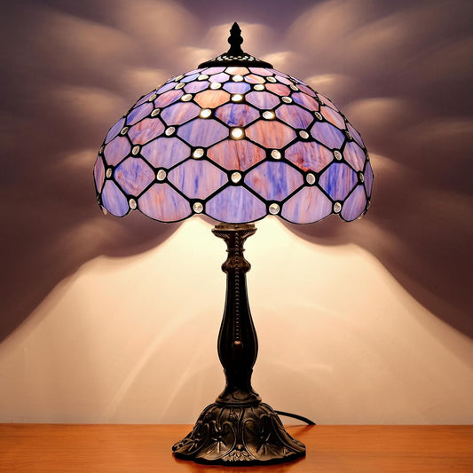 Tiffany Lamp Vintage Deep Blue Stained Glass Bead Table Lamp Desk Bedside Reading Light Decor Bedroom Living Room Home Office D12*H18 Inches