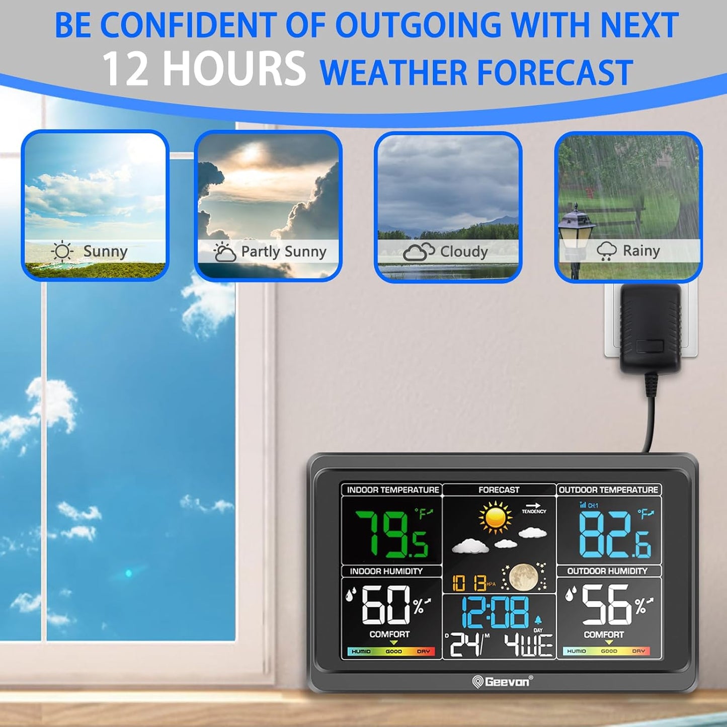 Geevon Weather Stations Wireless Indoor Outdoor Thermometer, Color VA Display Digital Weather Thermometer, Temperature Humidity Monitor with Barometer, Calendar, and Adjustable Backlight