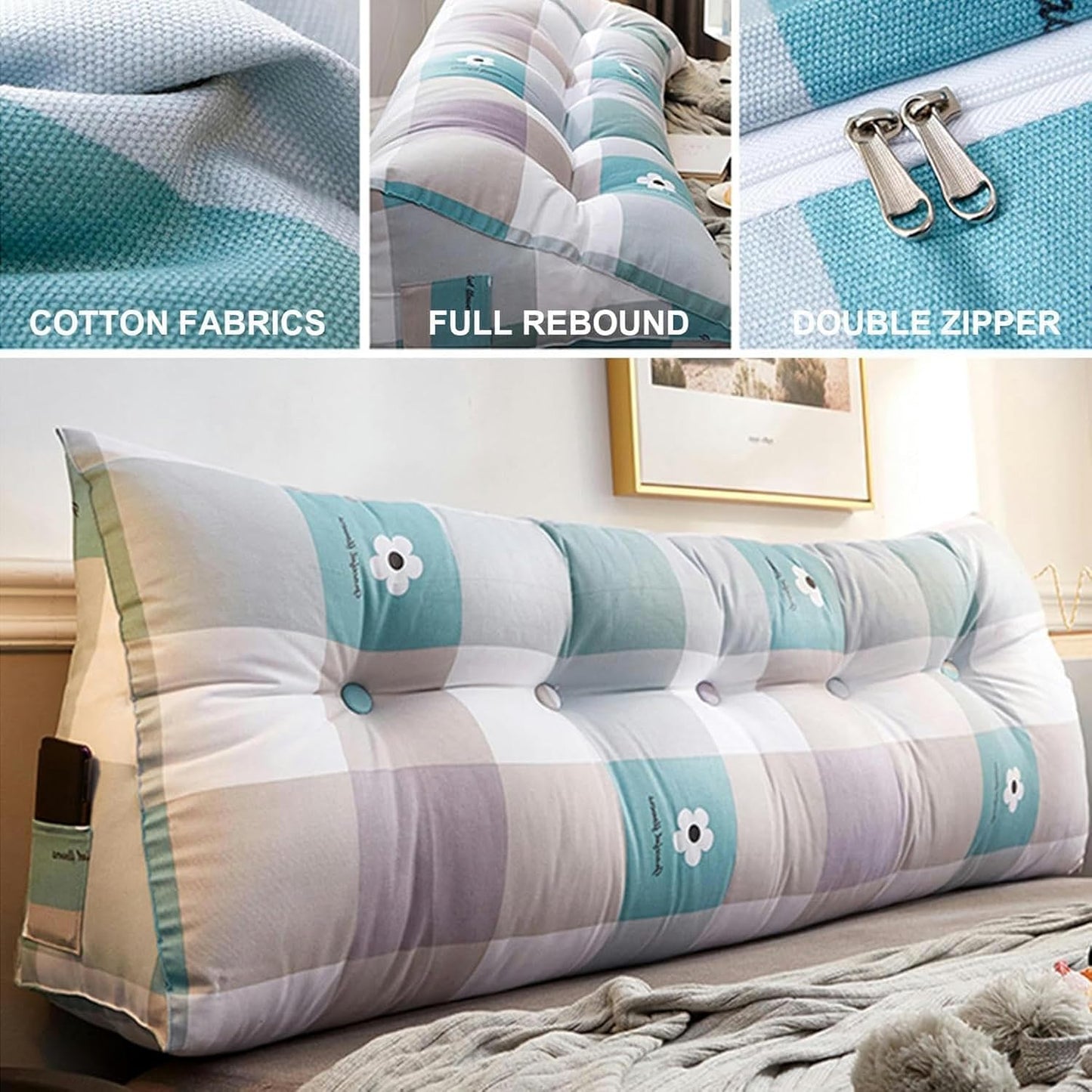 Large Triangular Headboard Wedge Bed Rest Reading Pillow Removable Backrest Triangle Positioning Support Bolster Cushion for Day Bed Dorm,Plaid2,King/78.7 inches, Flower1