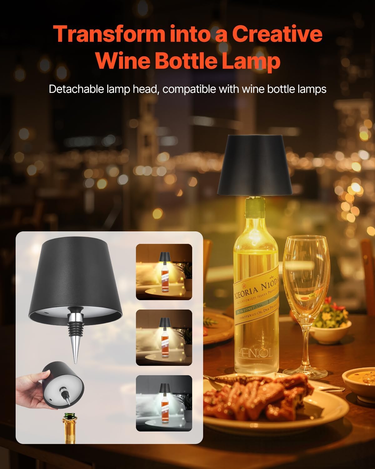 VEVOR Cordless Table Lamp, 2-Pack, 5200mAh Built-in Rechargeable Battery Desk Lamp, Stepless Dimming Up, 3 Adjustable Heights, Detachable Lampshade for Bottle, Restaurant, Bedroom, Outdoor, Black