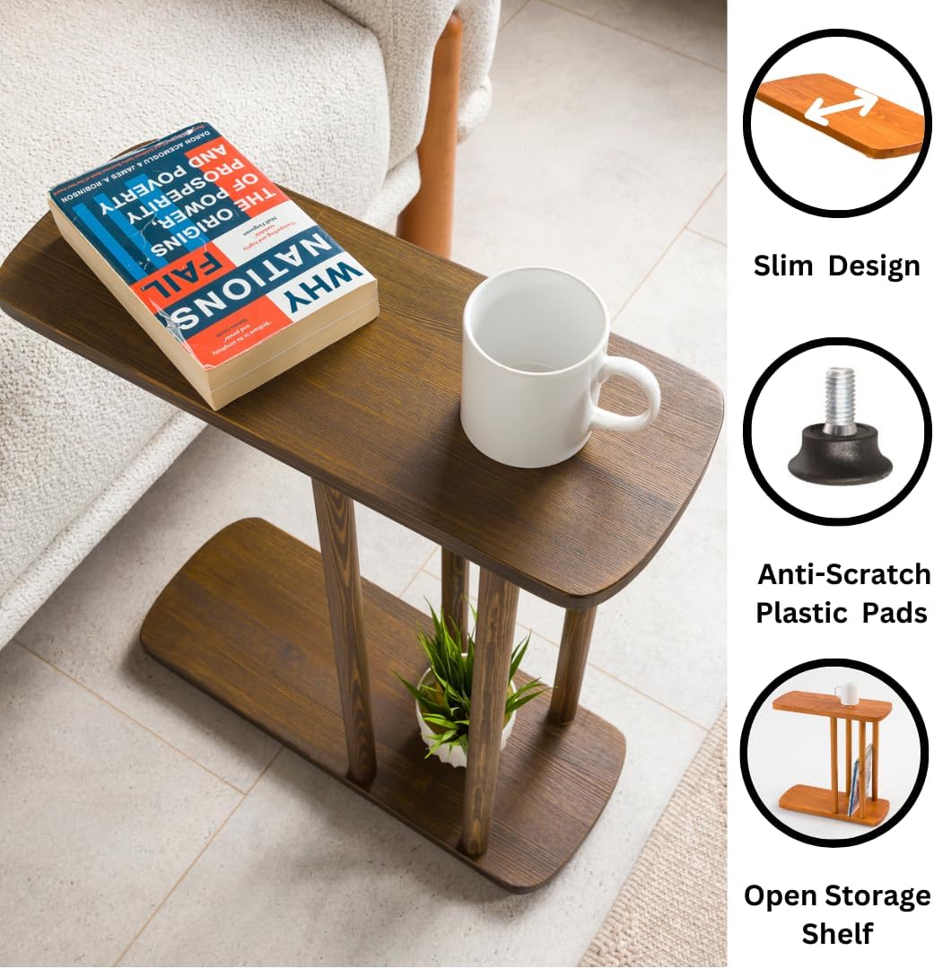 C-Shaped Solid Wood End Table, Side Table for Couches, Sofa Tables Slide Under Couch for Living Room, Over Couch TV Tray Table for Small Spaces Style Wooden (Dark Walnut, Medium)