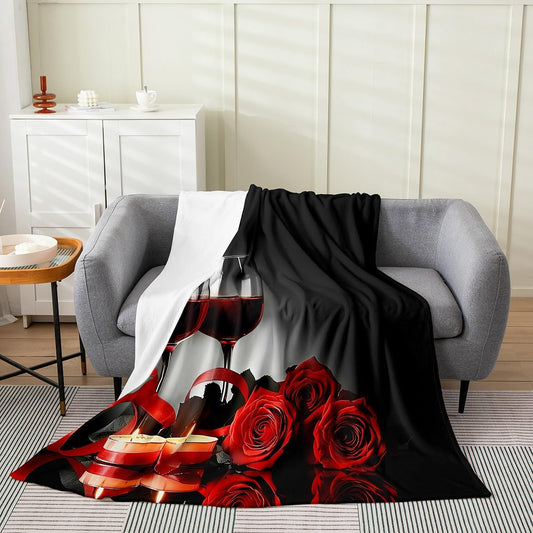 Rose Wine Glass Blanket For Girls Red Black Rose Throw Blanket Throw Size Floral Blossom Fleece Blanket Banquet Flower Romantic Valentine's Day Sherpa Blanket, Grey Plush Bed Blanket Bedroom Decor